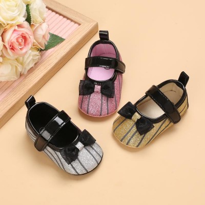 Baby Girl Bowknot Decor Striped Velcro Strap Shoes