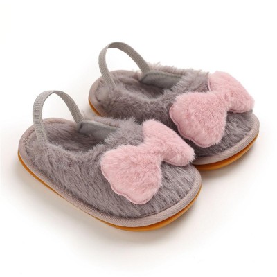 Baby Girls Fur Closed Toe Bow Decor Slip On Sandals Baby Shoes